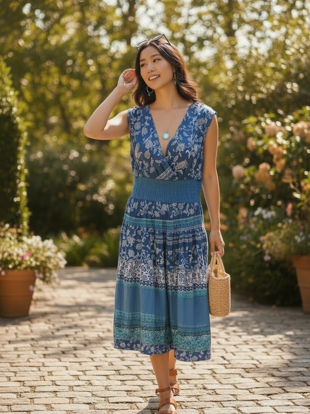 Jane Ashley Blue Floral V-Neck Smocked-Waist Midi Dress VTG Petite M Boho
